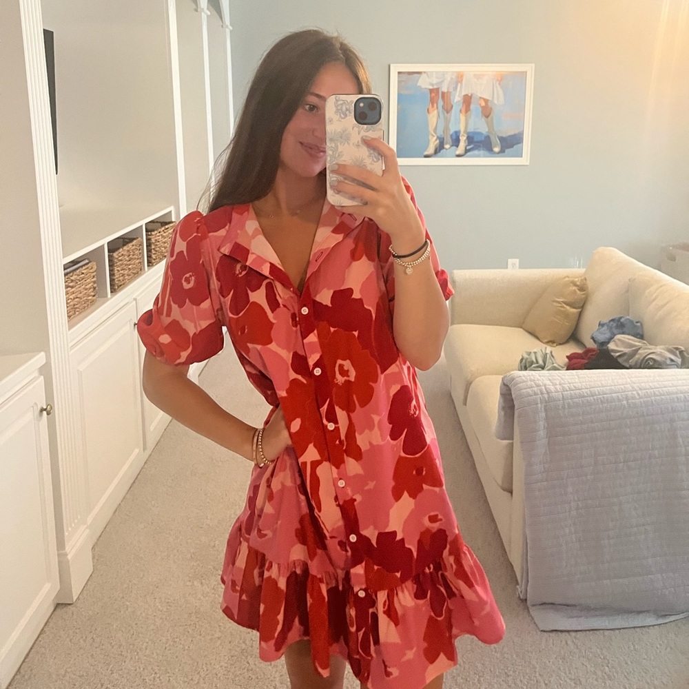 RED AND PINK FLORAL BUTTON UP DRESS